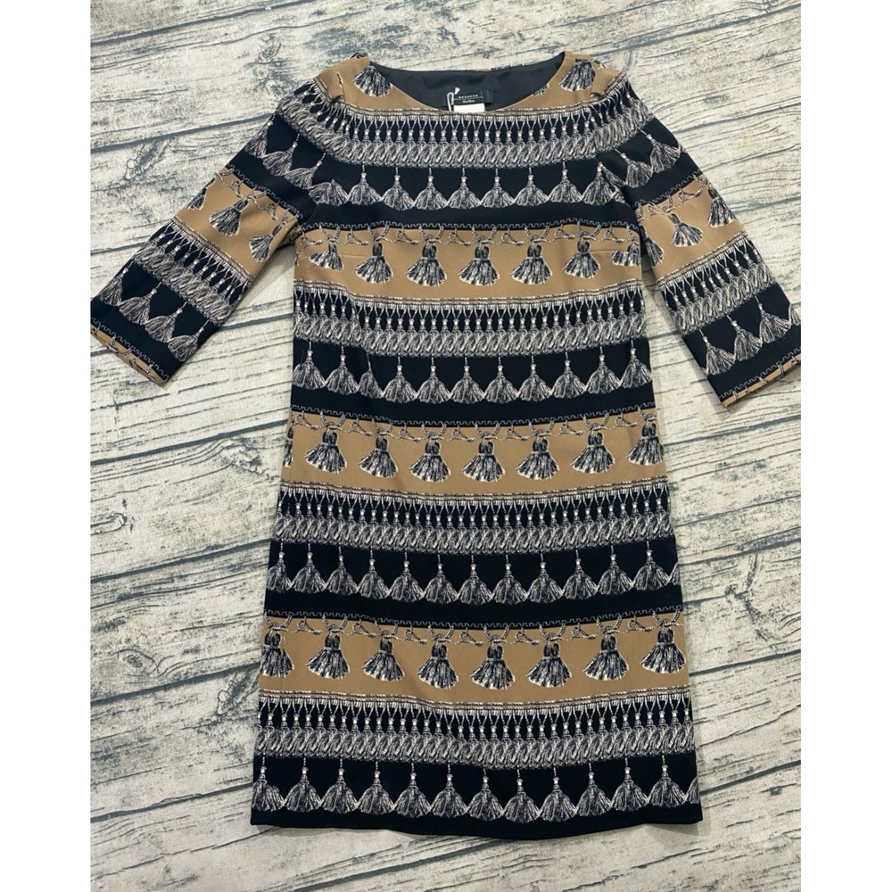 Max‎ Mara Weekend Size 2 Tassel Printed Colorblock 3/4 Sleeve Shift Dress Short